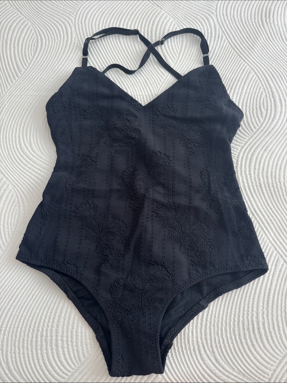 Malia Mills Black One-Piece Swimsuit with Adjustable Straps. Open back.